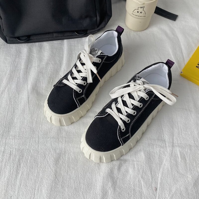 

Solid Lace-up Canvas Sneakers, Black