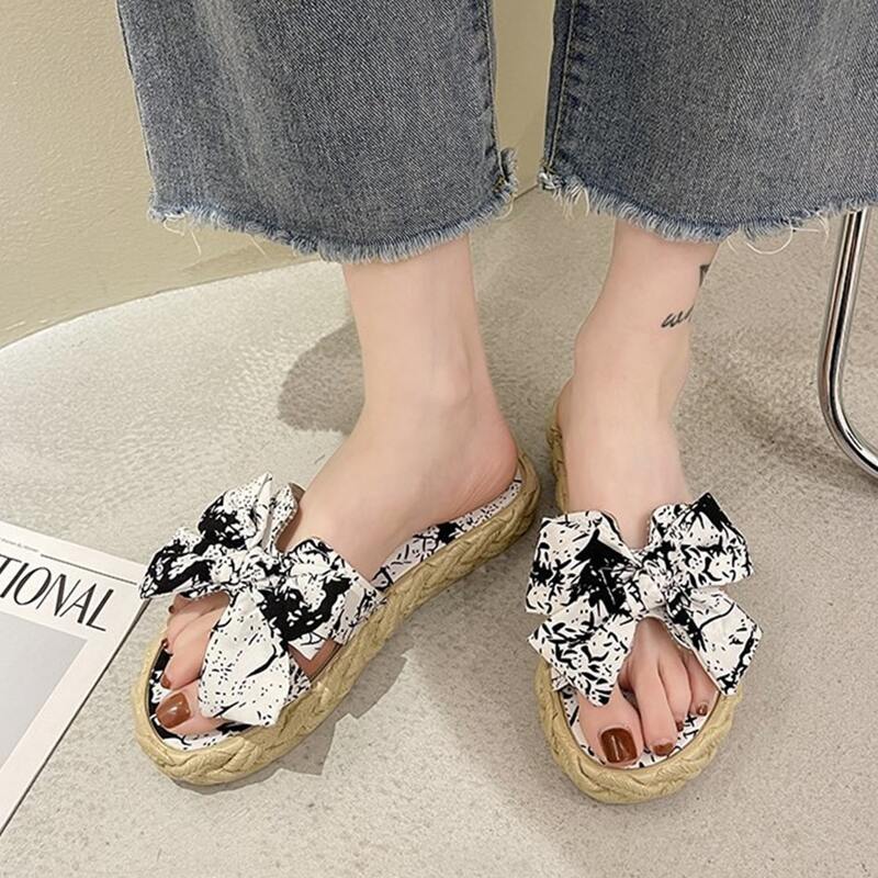 

Marble Pattern Bow Slide Sandals, Black and white