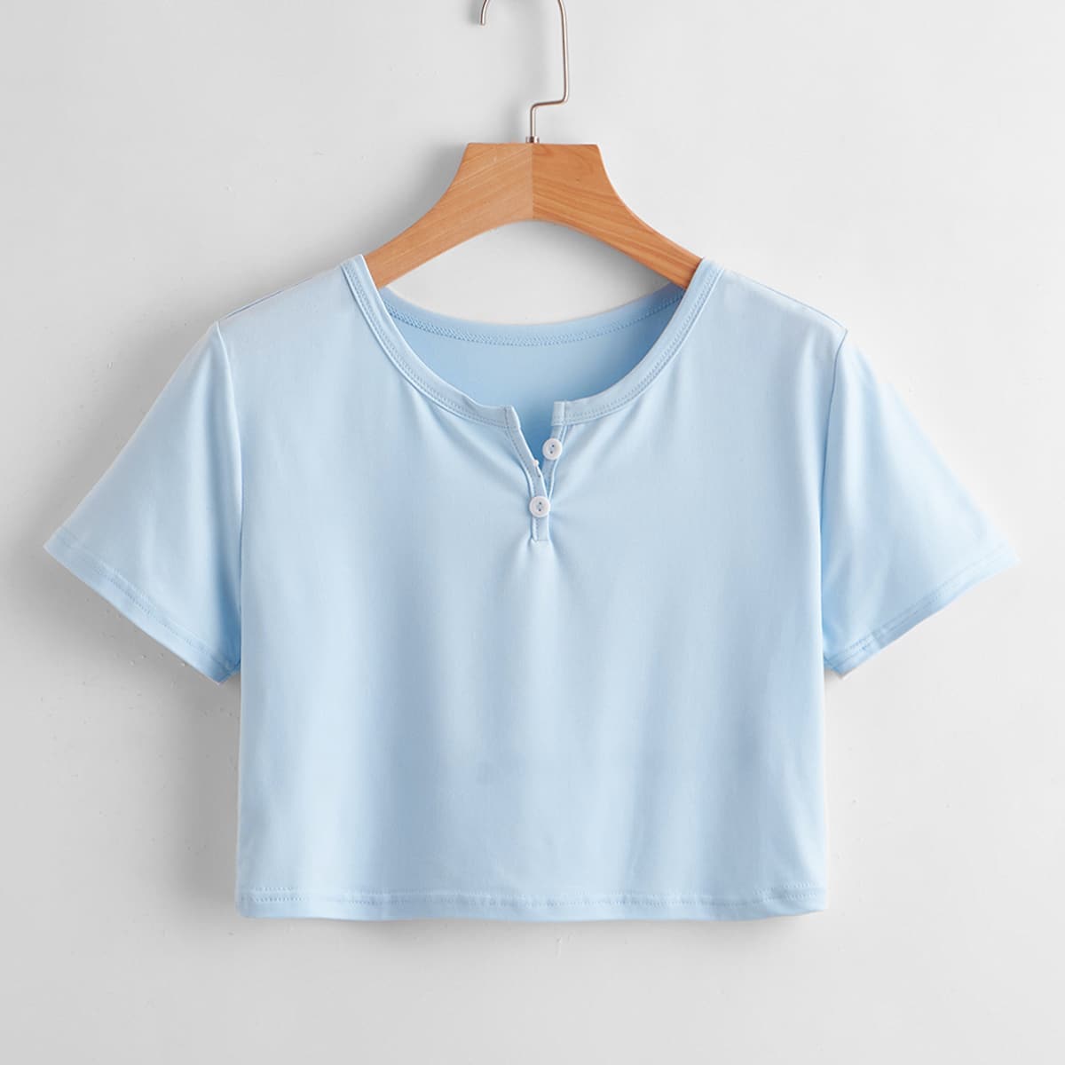 

Solid Button Crop Tee, Baby blue