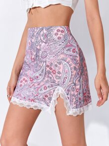 Lace Panel Paisley Print Slit Skirt - Pink - View 1
