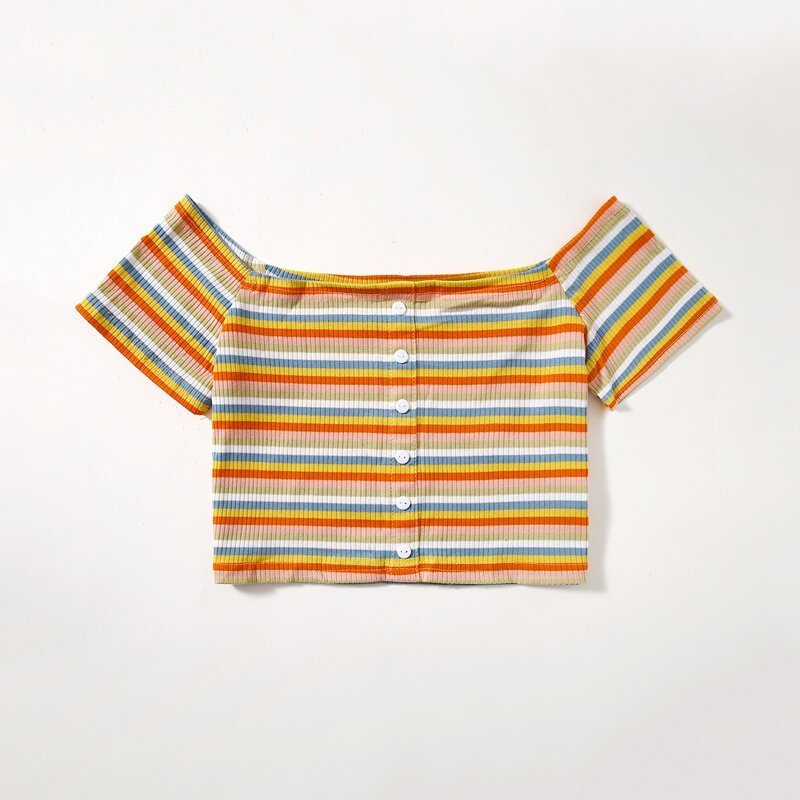 

Off The Shoulder Button Striped Tee, Multicolor