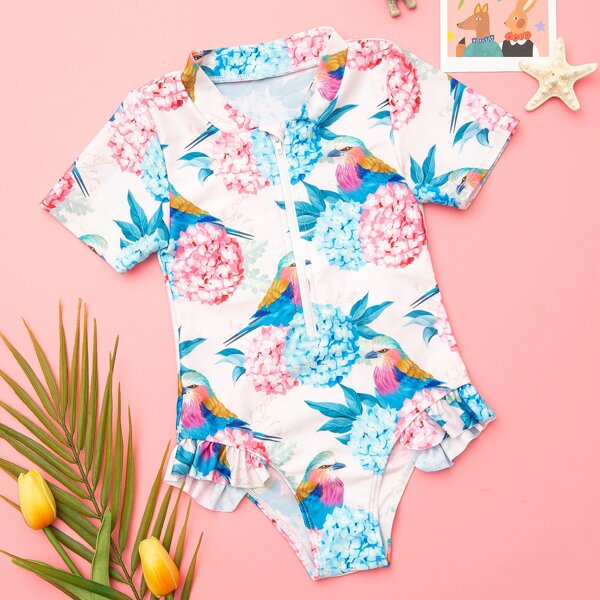

Toddler Girls Random Floral Zipper One Piece Swimsuit, Multicolor