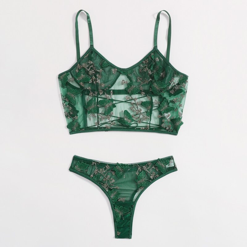 

Butterfly Embroidery Lace-up Lingerie Set, Green