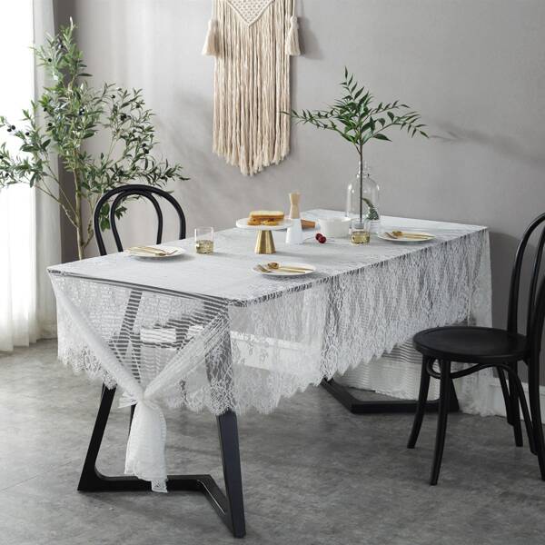

Flower Embroidery Lace Tablecloth, White
