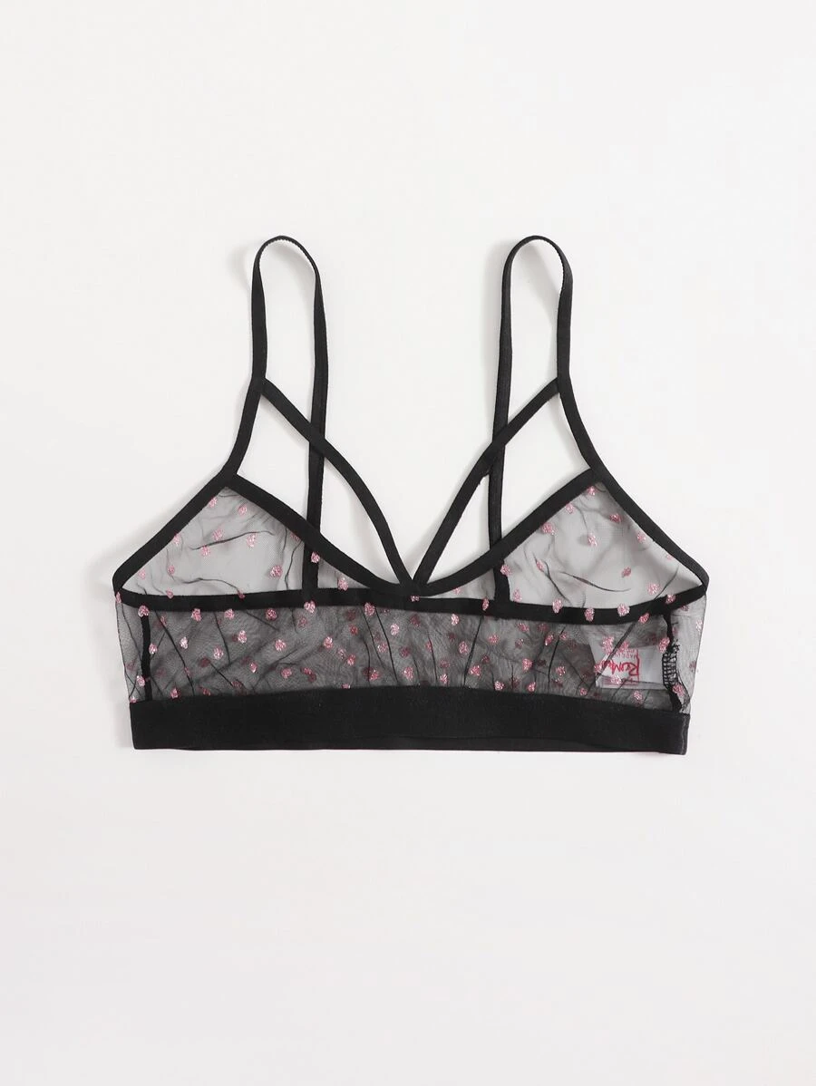 Glitter Heart Sheer Mesh Bralette - Black - View 1