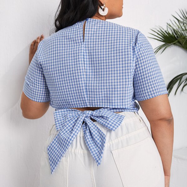 

Plus Tie Back Gingham Top, Blue and white