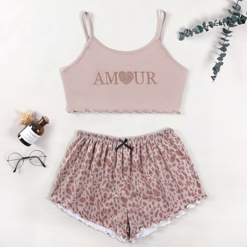 

Heart & Letter Graphic Lettuce Trim Cami PJ Set, Dusty pink