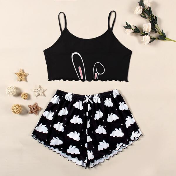 

Rabbit Print Lettuce Trim PJ Set, Black and white