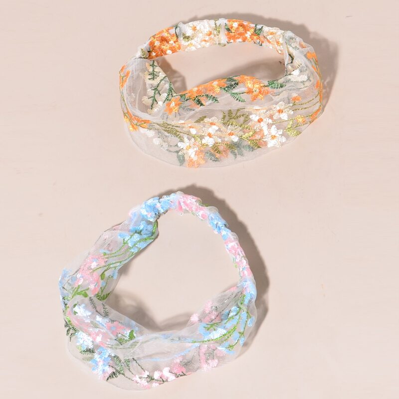 

2pcs Floral Embroidery Mesh Hair Band, Multicolor