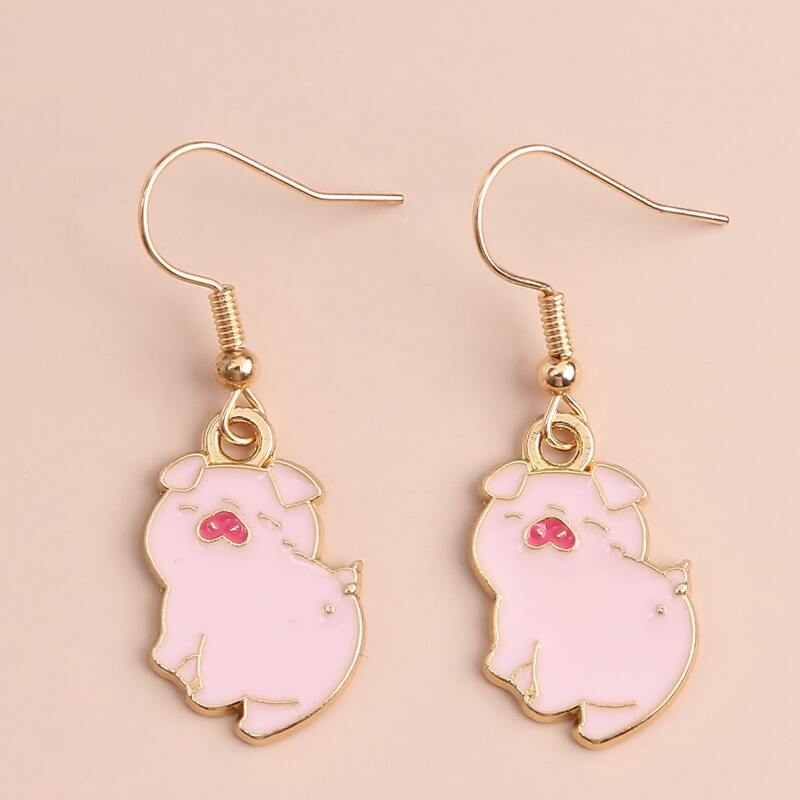 

1pair Pig Design Drop Earrings, Pink
