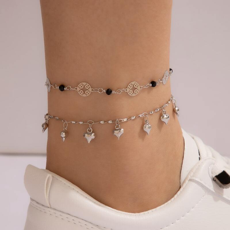 

2pcs Heart & Disc Anklet, Silver