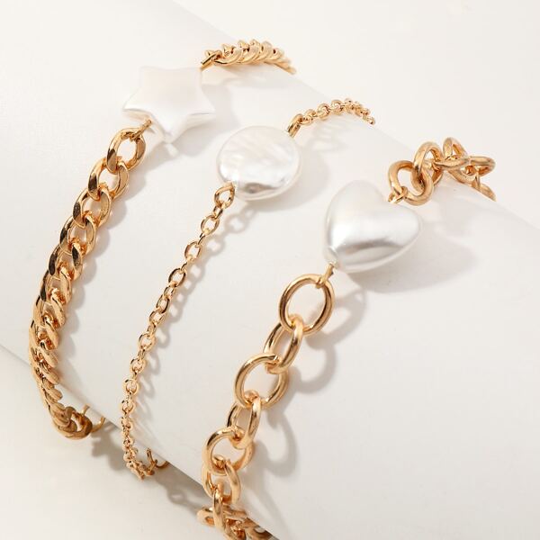

3pcs Girls Heart & Star Decor Bracelet, Gold