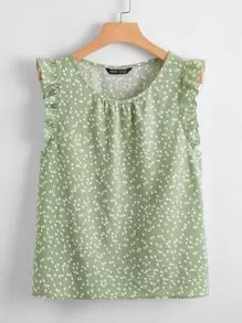 SHEIN LUNE All Over Heart Print Ruffle Sleeve Top - Mint Green - View 1