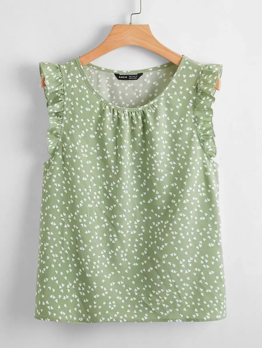 SHEIN LUNE All Over Heart Print Ruffle Sleeve Top - Mint Green - View 1