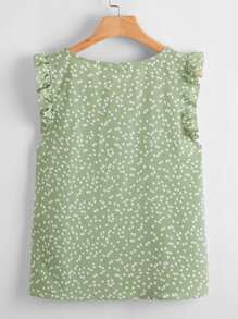SHEIN LUNE All Over Heart Print Ruffle Sleeve Top - Mint Green - View 2