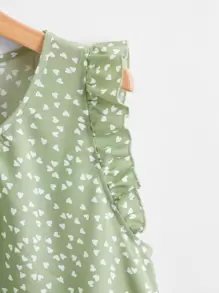 SHEIN LUNE All Over Heart Print Ruffle Sleeve Top - Mint Green - View 3