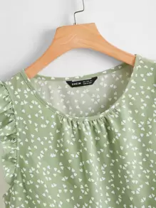 SHEIN LUNE All Over Heart Print Ruffle Sleeve Top - Mint Green - View 4