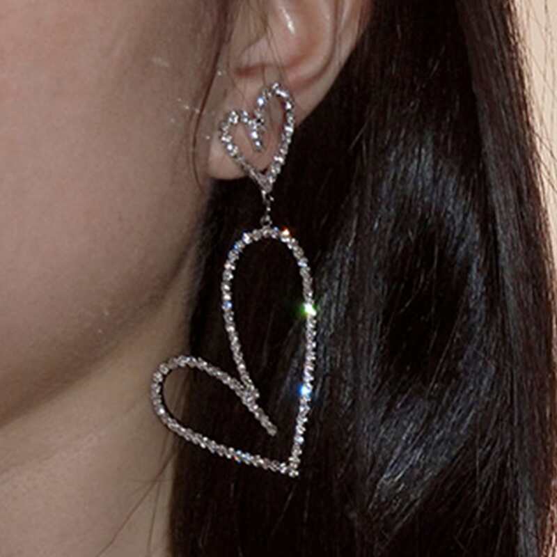 

1pair Rhinestone Decor Heart Design Drop Earrings, Silver