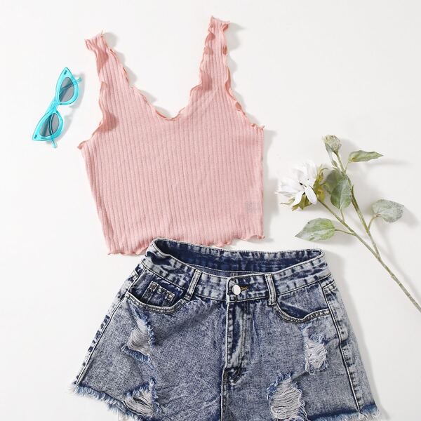 

Solid Rib-knit Lettuce Trim Tank Top, Baby pink