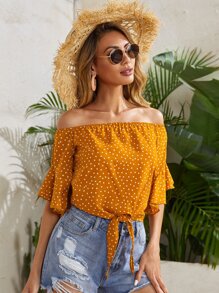 SHEIN VCAY Off Shoulder Tie Hem Polka Dot Top - Mustard Yellow - View 1