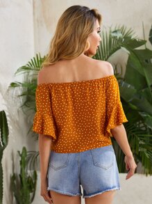 SHEIN VCAY Off Shoulder Tie Hem Polka Dot Top - Mustard Yellow - View 2