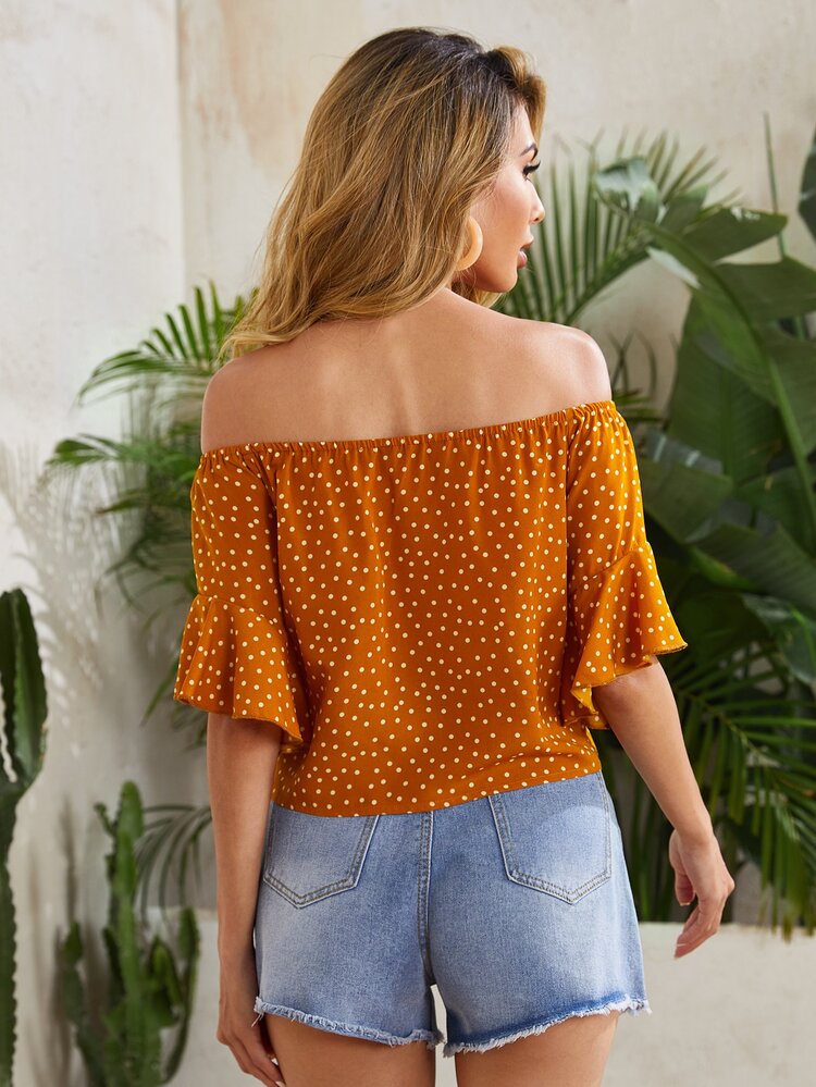 SHEIN VCAY Off Shoulder Tie Hem Polka Dot Top - Mustard Yellow - View 2
