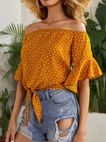 SHEIN VCAY Off Shoulder Tie Hem Polka Dot Top - Mustard Yellow - View 4