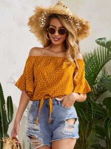 SHEIN VCAY Off Shoulder Tie Hem Polka Dot Top - Mustard Yellow - View 5