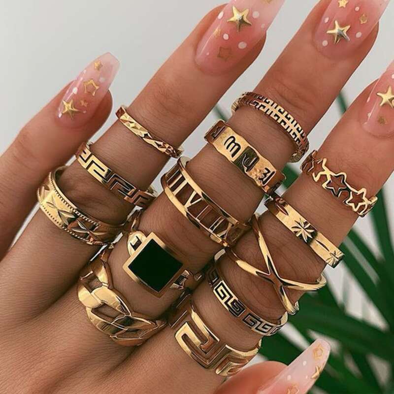 

13pcs Star & Geo Design Ring, Gold