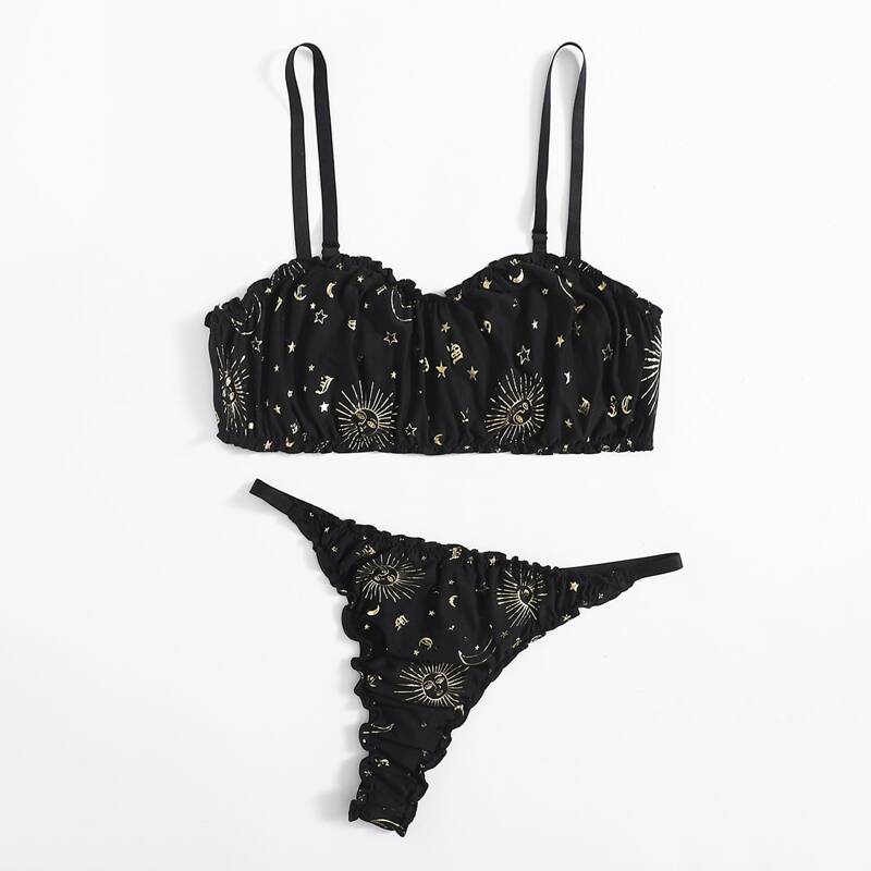 

Sun & Moon Print Lettuce Trim Lingerie Set, Black