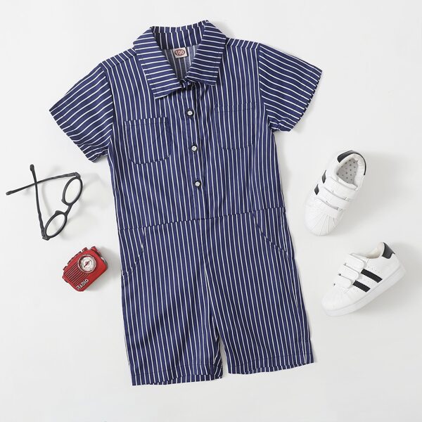 

Toddler Boys Striped Button Front Shirt Romper, Navy blue