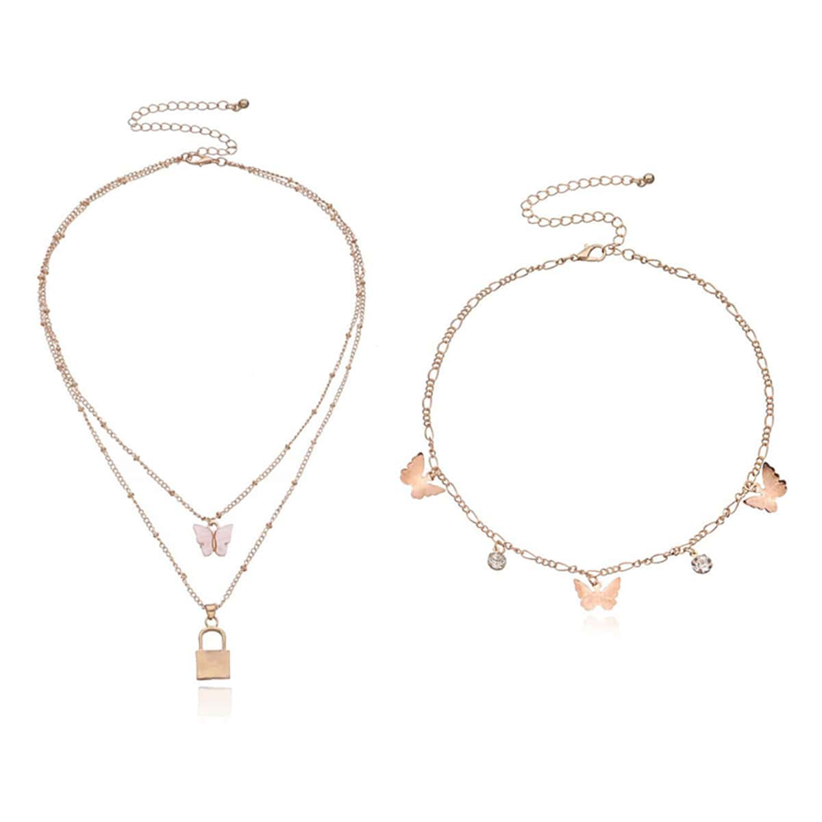 

2pcs Butterfly Charm & Lock Pendant Necklace, Gold