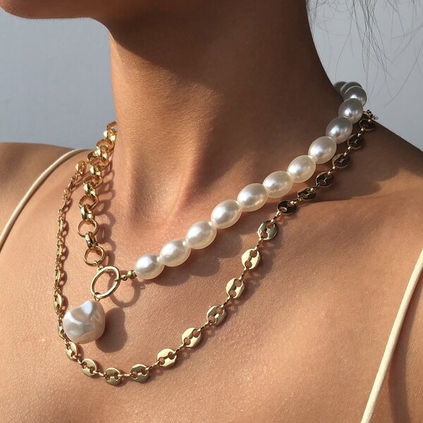 

Faux Pearl Decor Layered Necklace, Gold