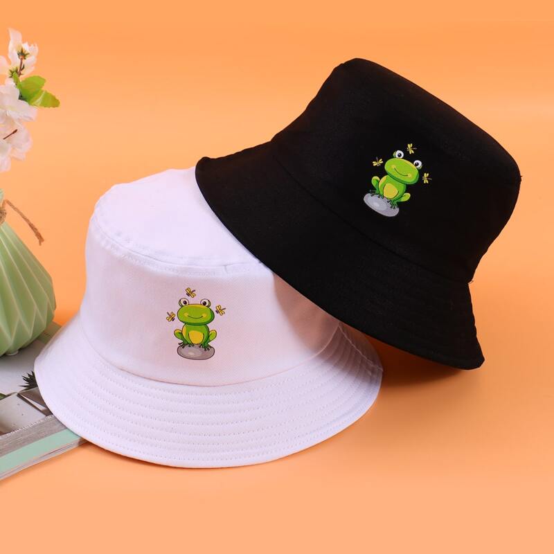 

Guys 2pcs Cartoon Frog Graphic Bucket Hat, Black and white
