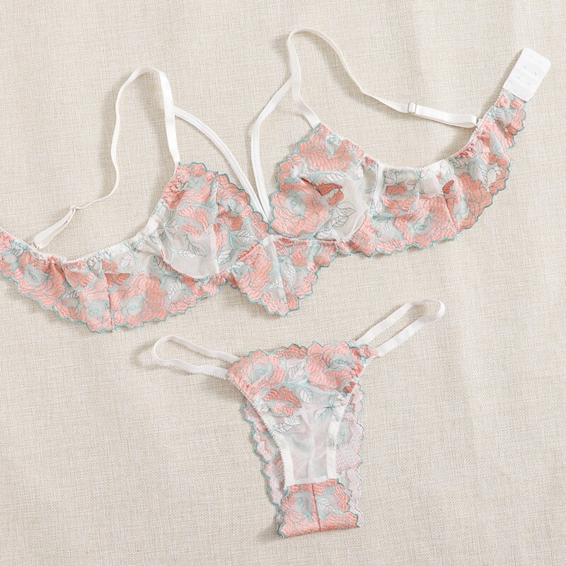 

Floral Lace Thong Lingerie Set, Pink
