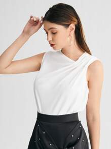 SHEIN 抽褶不對稱領上衣 - 白色 - 查看 4