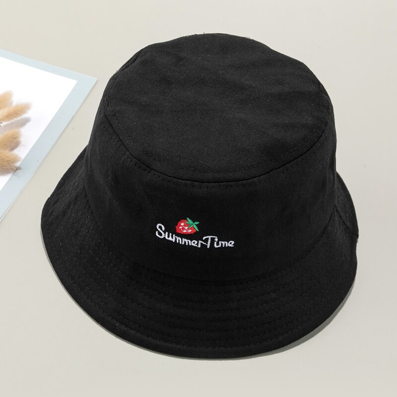 

Strawberry Embroidery Bucket Hat, Black
