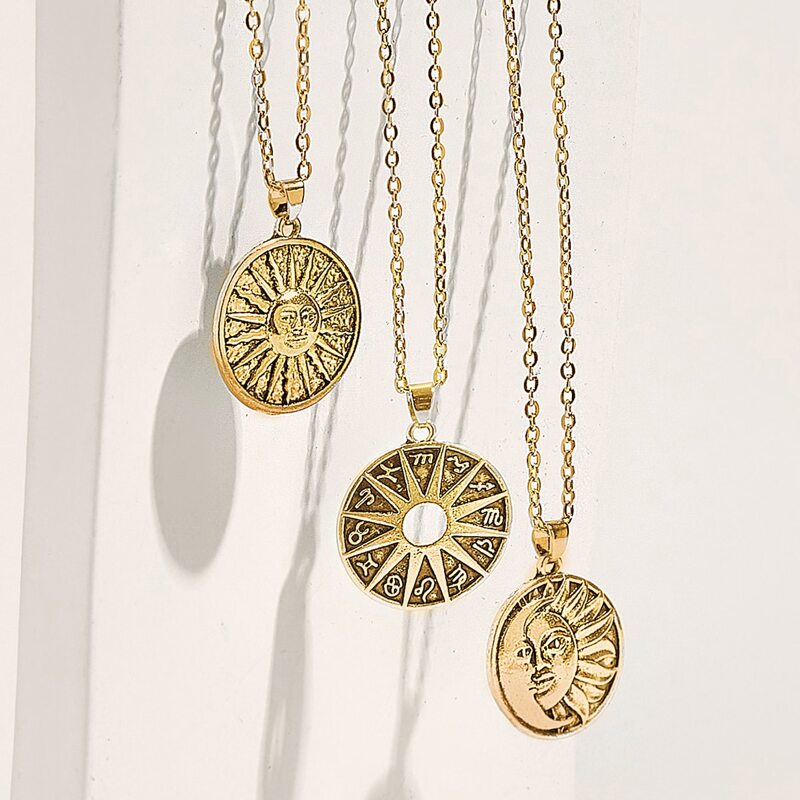 

3pcs Round Pendant Chain Necklace, Gold