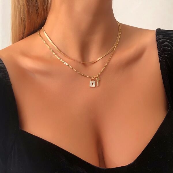 

Key & Lock Pendant Necklace, Gold