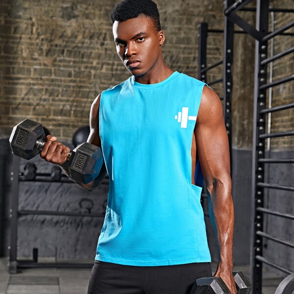 

Men Neon Blue Graphic Print Tank Top, Mint blue