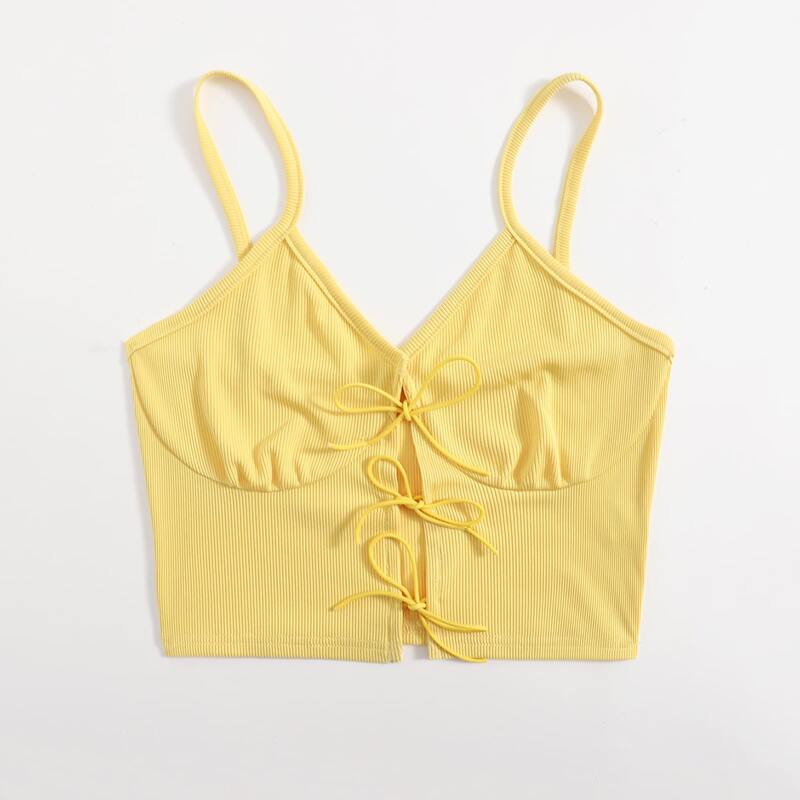 

Solid Tie Front Ribbed Crop Cami, Yellow