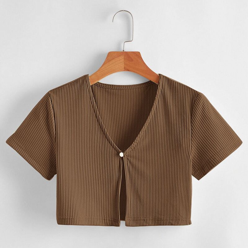 

Solid Ribbed Crop Top, Brown