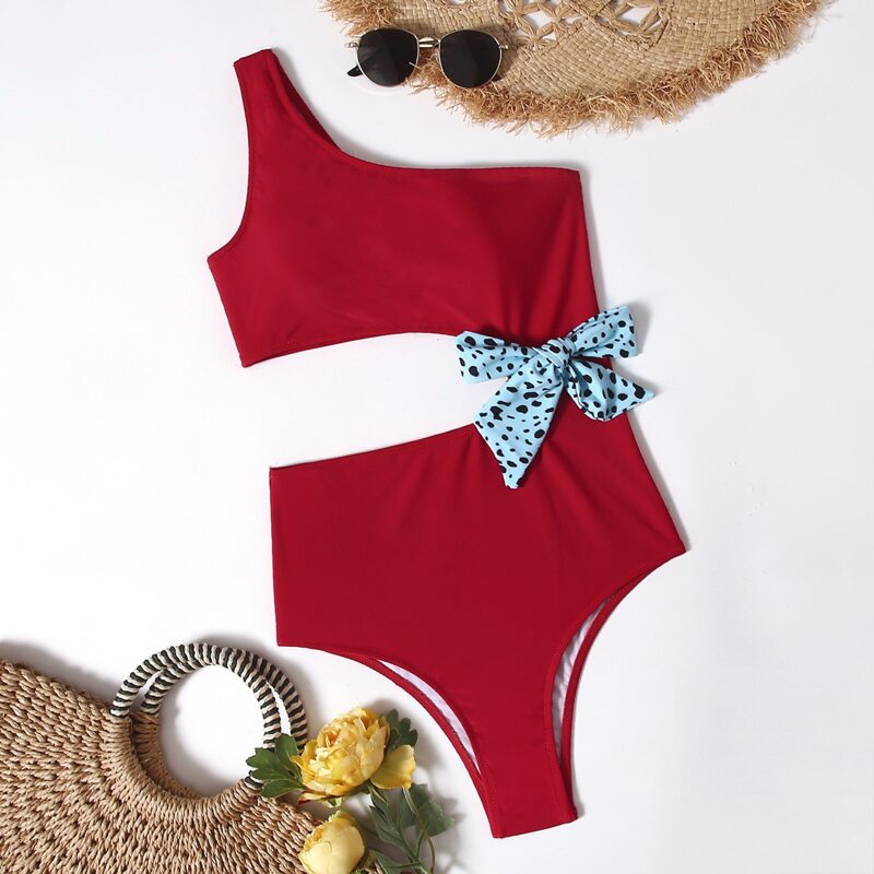 

Solid One Shoulder Cut Out Bow Decor One Piece Swimsuit, Red