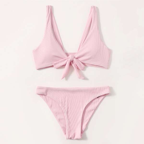 

Ribbed Knot Front Bikini Swimsuit, Pink