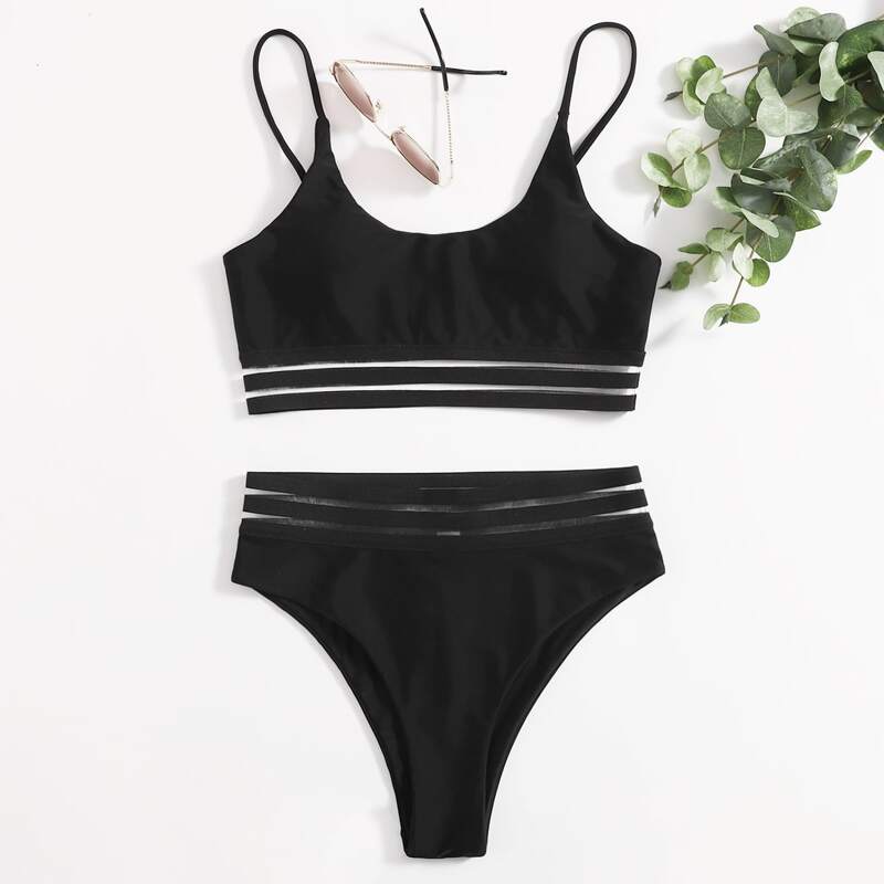 

Contrast Mesh High Waist Bikini Swimsuit, Black