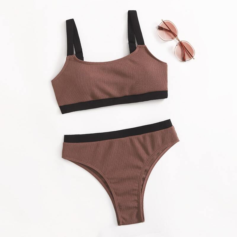 

Contrast Binding Bikini Swimsuit, Brown