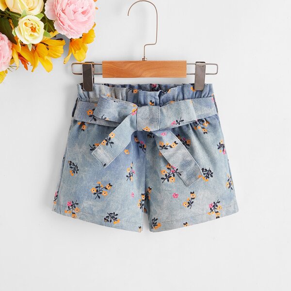 

Toddler Girls Floral Print Belted Denim Shorts, Light wash