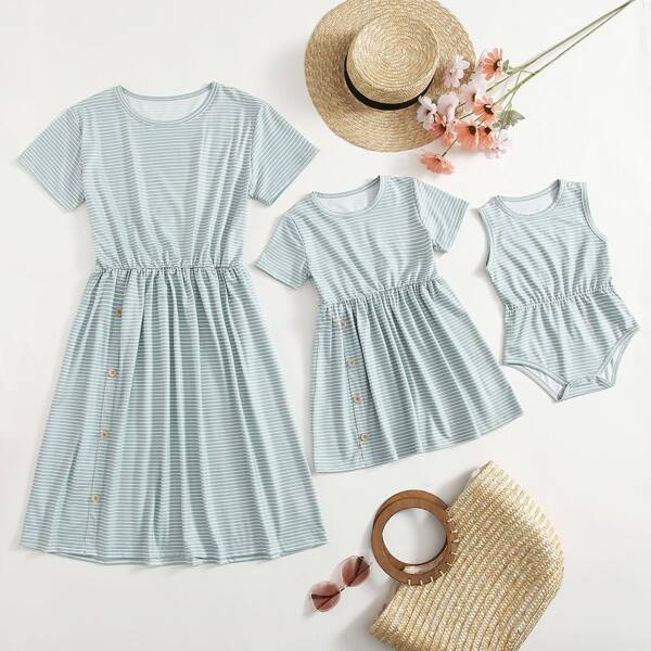 

Toddler Girls 1pc Striped Print Button Detail A-line Dress, Grey
