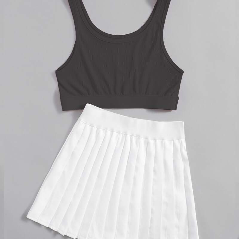 

Solid Ribbed Tank Top & Pleated Skirt, Black and white