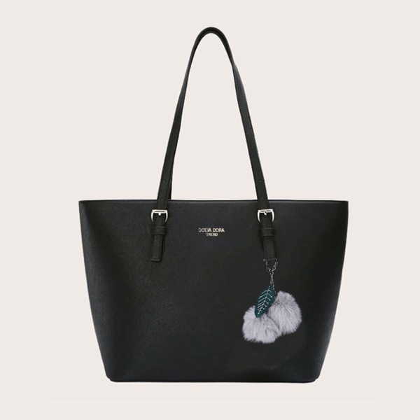 

Pom-pom Charm Tote Bag, Black